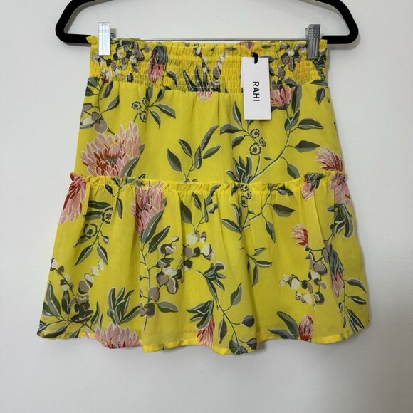 Rahi Women's Ruffled Tiered Pull On Mini Skirt Size XS Yellow Primrose Print New - Picture 1 of 8